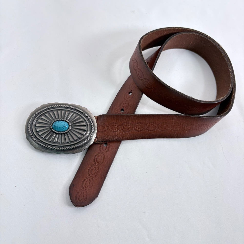 American Eagle Belt Brown Leather Turquoise Buckle Western Boho Women  S